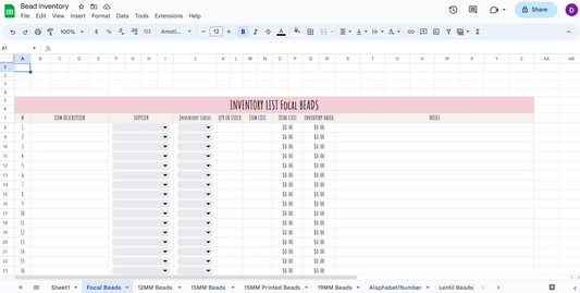 Bead Inventory Spreadsheet Pink