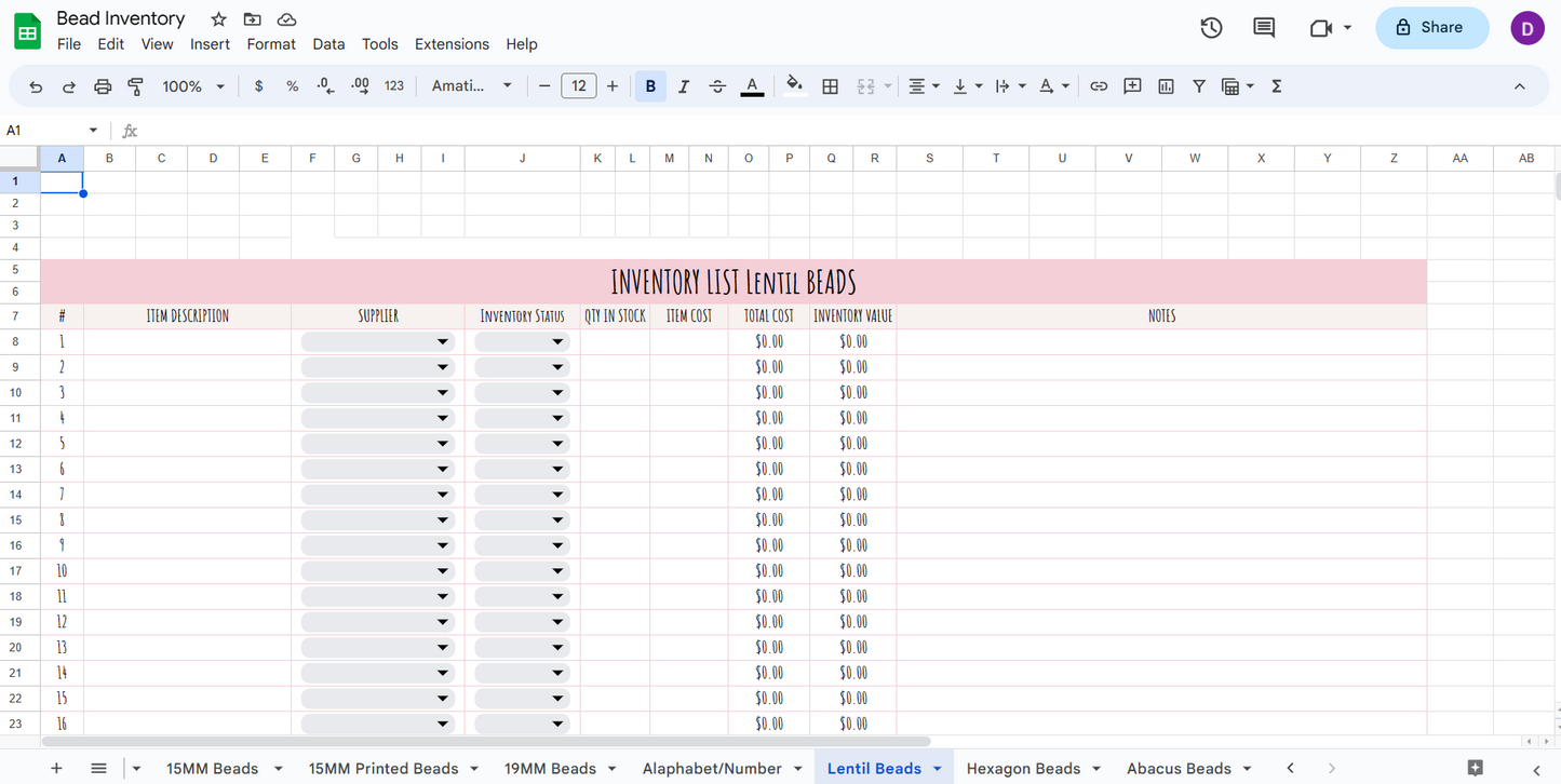 Bead Inventory Spreadsheet Pink