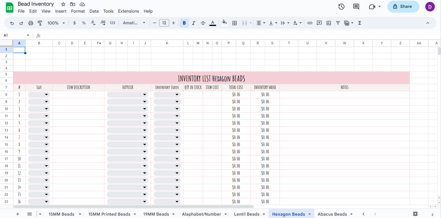 Bead Inventory Spreadsheet Pink