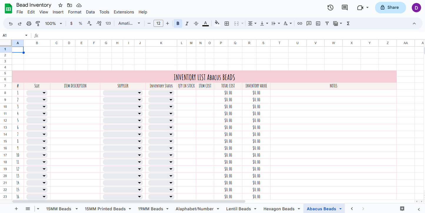 Bead Inventory Spreadsheet Pink