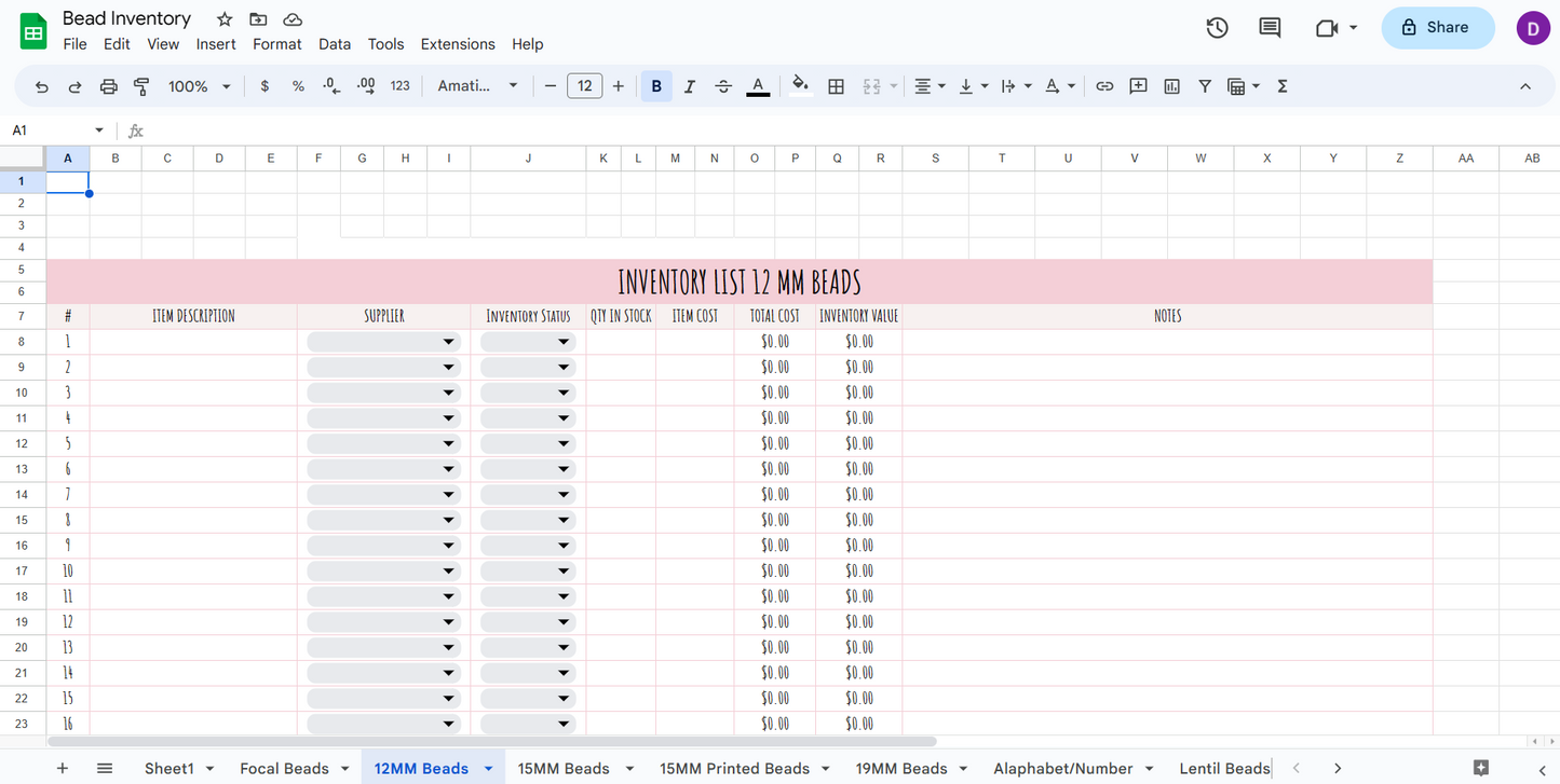 Bead Inventory Spreadsheet Pink