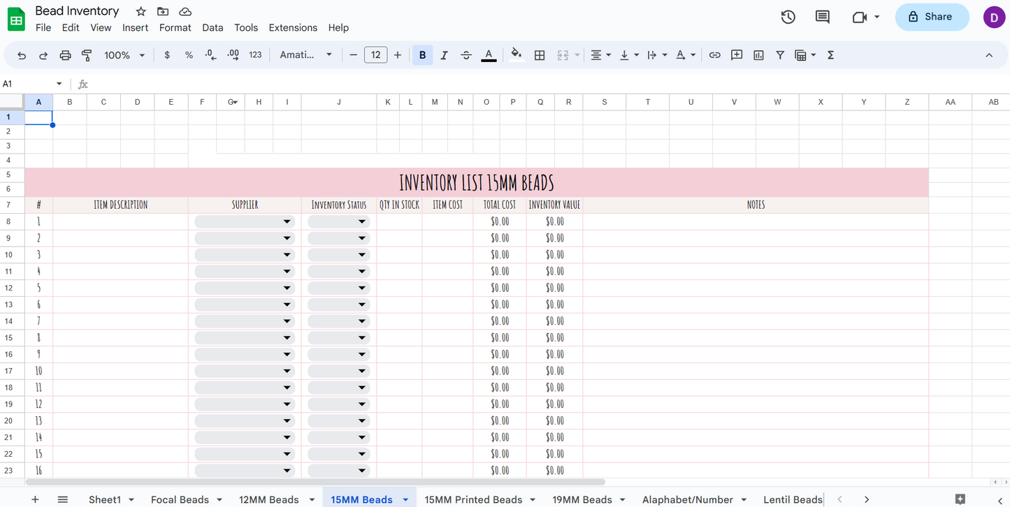 Bead Inventory Spreadsheet Pink