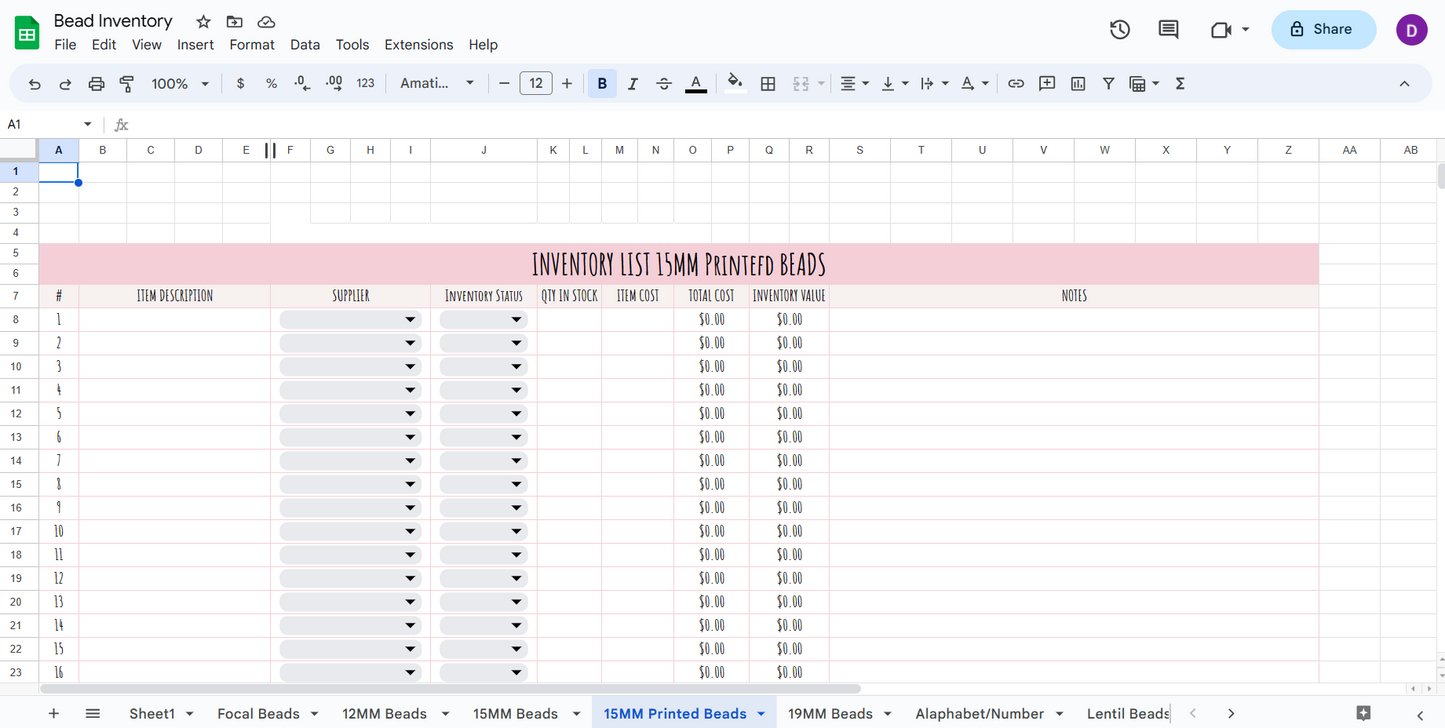 Bead Inventory Spreadsheet Pink