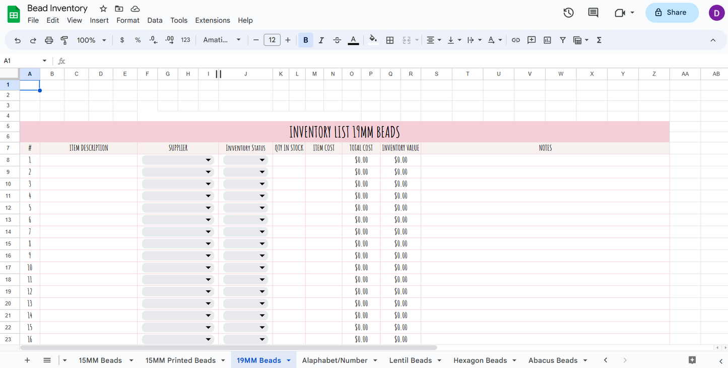 Bead Inventory Spreadsheet Pink