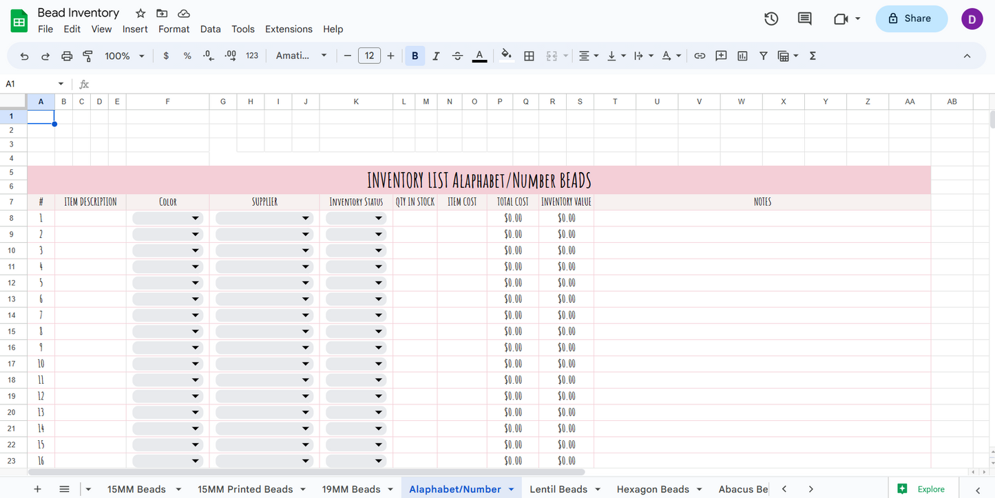 Bead Inventory Spreadsheet Pink