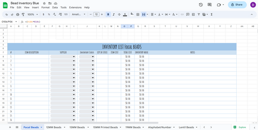 Bead Inventory Spreadsheet Blue